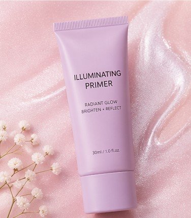 Illuminating primer in a cosmetic tube used to create a radiant, glowing skin base before makeup