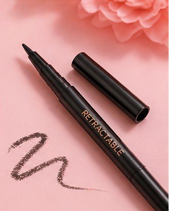 Retractable eye pencil makeup product on a pink background for easy eyeliner application