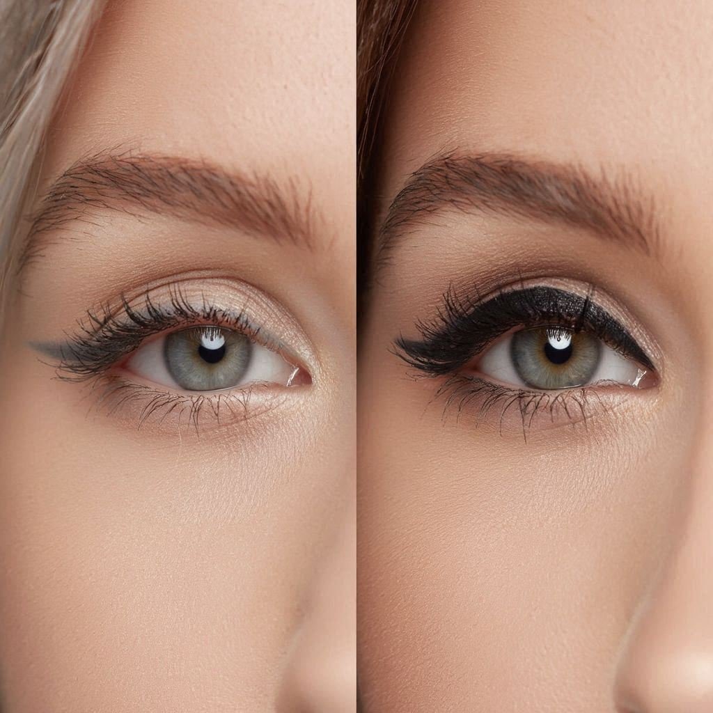 Comparison showing faint, low-pigment eyeliner versus bold, high-pigment eyeliner application