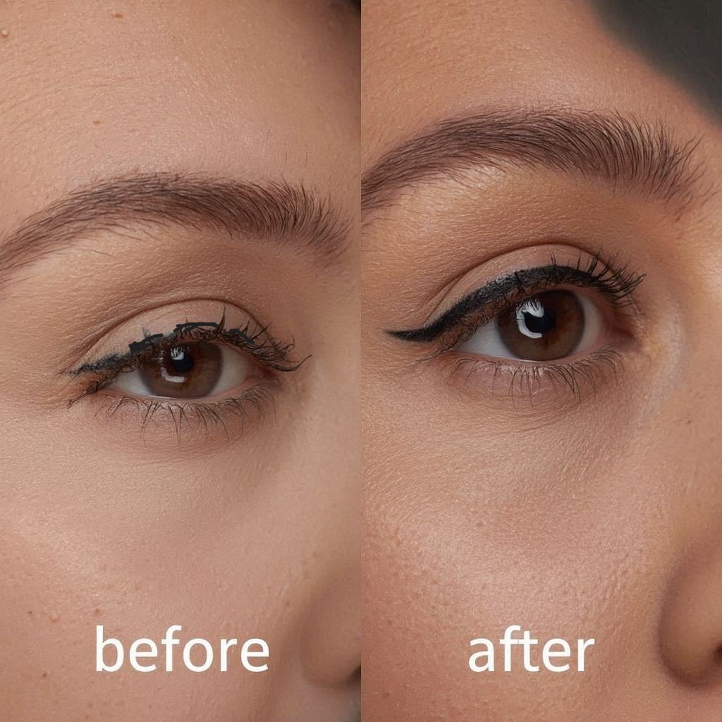 Close-up comparison showing eyeliner dragging and skipping versus smooth, even eyeliner application