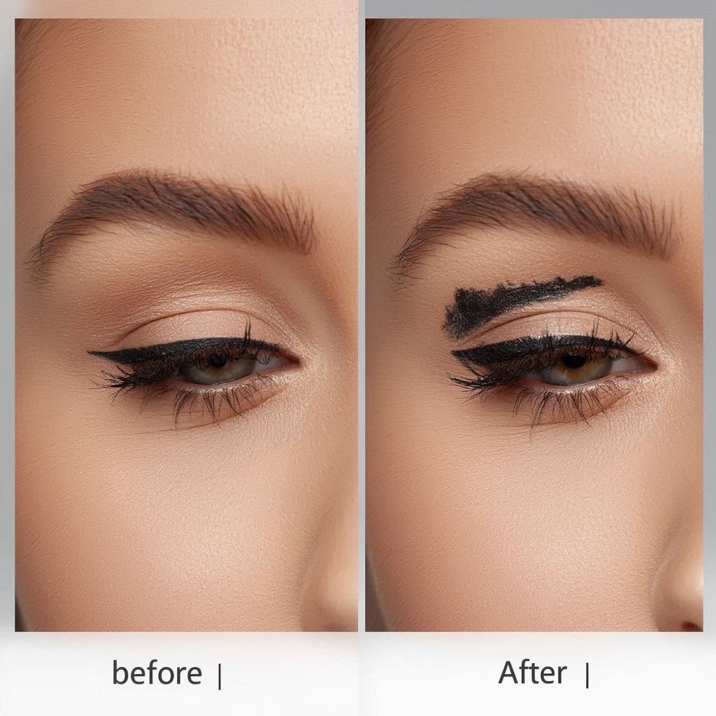 Before and after comparison showing eyeliner transferring to upper eyelid versus clean, smudge-proof eyeliner result