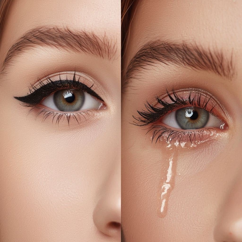Eyeliner smudging and running due to watery or irritated eyes compared to long-lasting waterproof eyeliner application