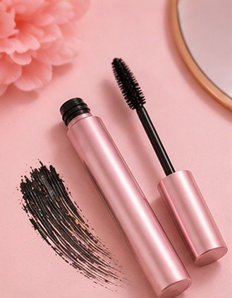 Volumizing mascara brush for applying thickening formula to lashes for fuller look