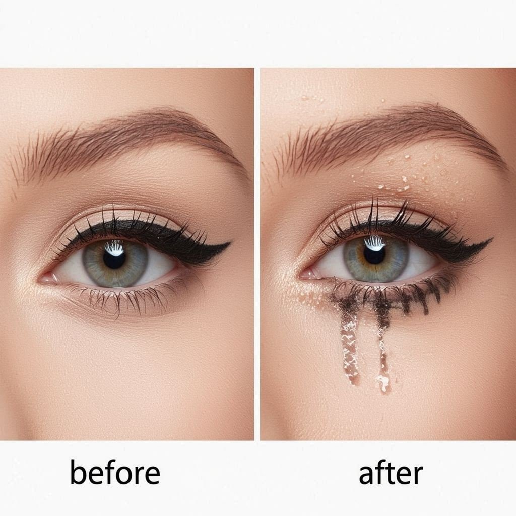 Comparison showing waterproof eyeliner smudging or fading versus long-lasting waterproof eyeliner staying in place